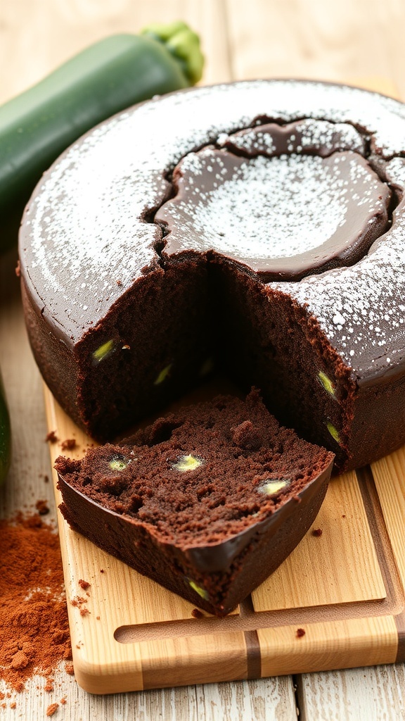 A slice of flourless chocolate zucchini cake on a rustic table, dusted with powdered sugar, showcasing its moist texture.